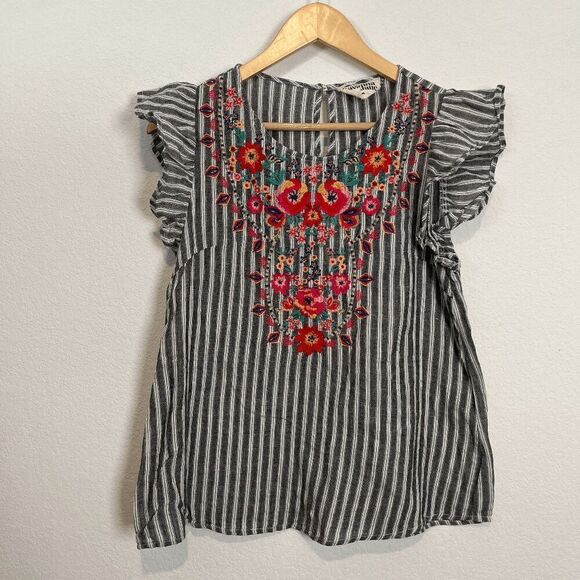 Savanna Jane Tops - Savanna Jane Black White Striped Floral Embroidered Blouse Women's Size Medium